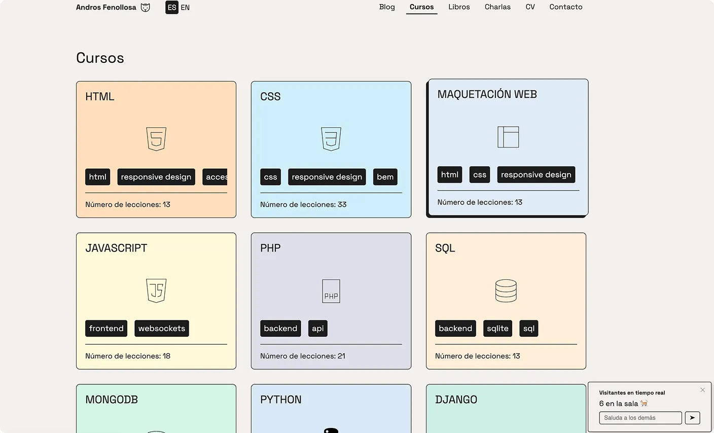 Página de cursos de la web rediseñada de Andros Fenollosa